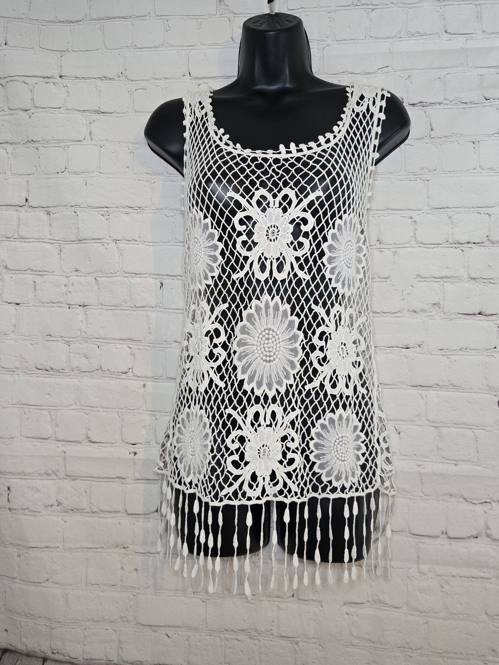 Crochet Floral Fringe Tank Cover-Up  Cotton Feyer Sz Lg Boho Hippie Cottagecore